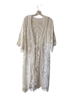 Cream Lace Kimono Duster Long Bohemian Embroidered Sheer Beach Cover Up L-XL